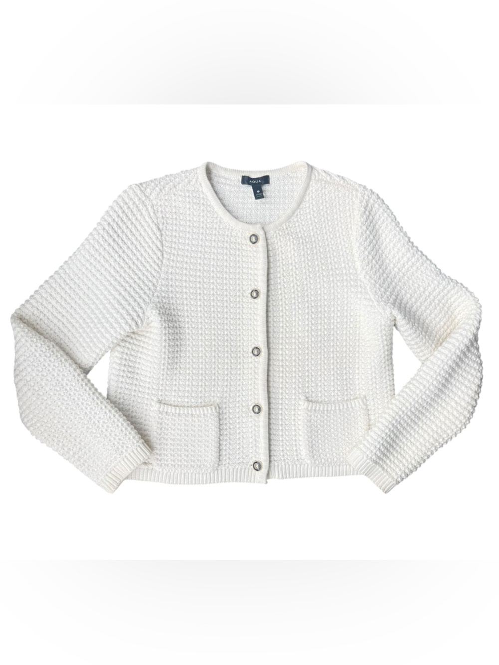 Aqua Off White Textured Button Front Knit Cardigan Sweater - Size Medium - Picture 2 of 8